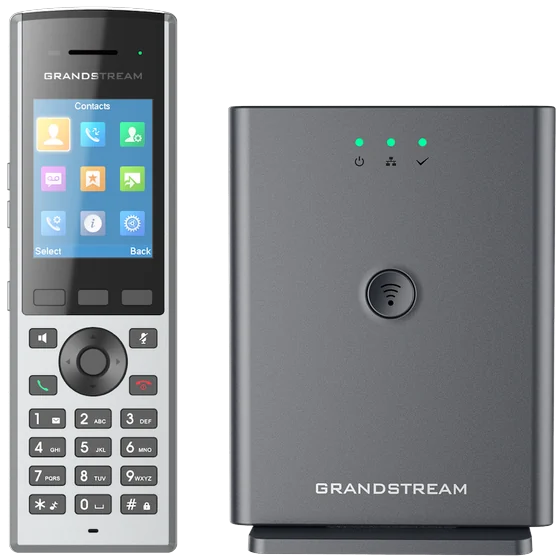 Grandstream DP730 cordless handset beside its DP752 base station