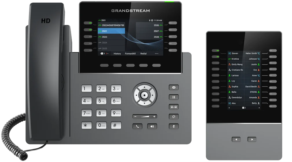 Grandstream GRP2615 desk phone beside a GBX20 expansion module